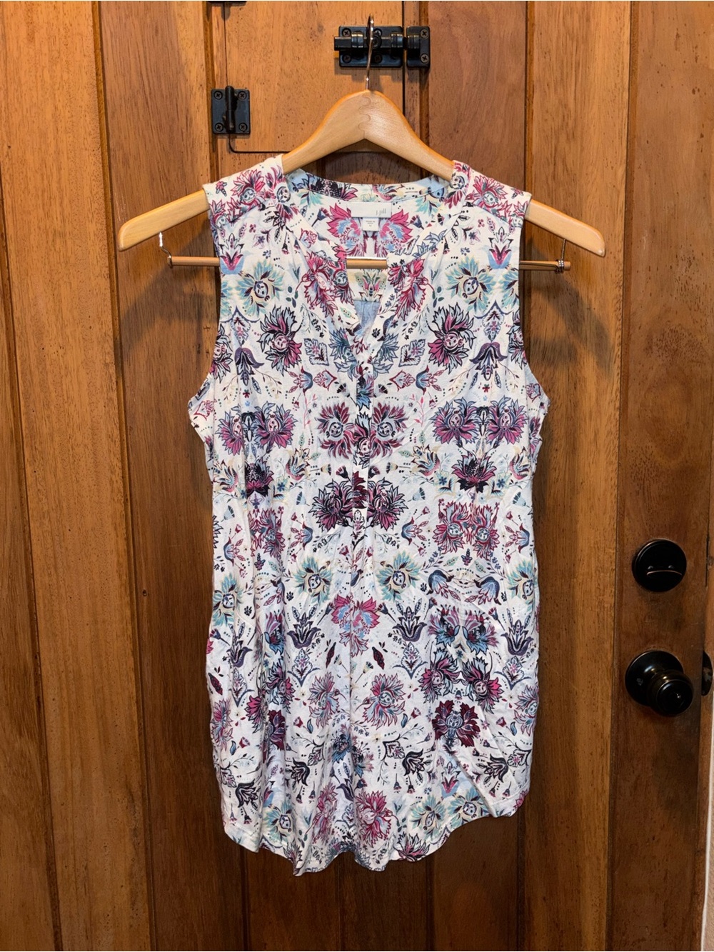 J Jill Sleeveless Tunic Blouse - White with Pink & Teal